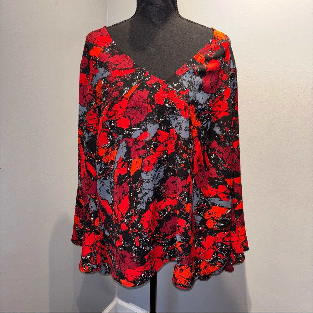 Women’s Black & Red Abstract Blouse Flare‎ Sleeves Flowy Lagenlook Office Sz 2XL